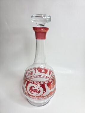 Vintage Bohemian Cranberry Glass Decanter w/ Etched Decoration 12"